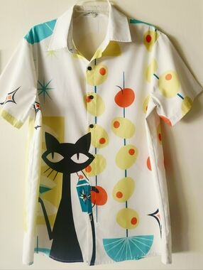 Hawalili Black Cat Martini 🍸 Shirt Men's Size M EUC $30